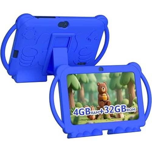 HOTTABLET Kids Tablet 7 inch Android, 4GB RAM 32GB ROM, 1TB Expandsion, with Parental Control, WiFi, Bluetooth, Dual Camera with Silicone Case, 1PCS (Blue)