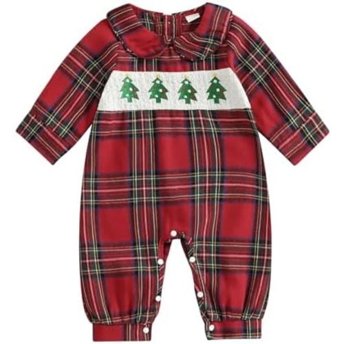 My First Christmas Baby Girl Outfit Christmas Tree Plaid Long Sleeve Smocked Bubble Romper Holiday Jumpsuit Overalls