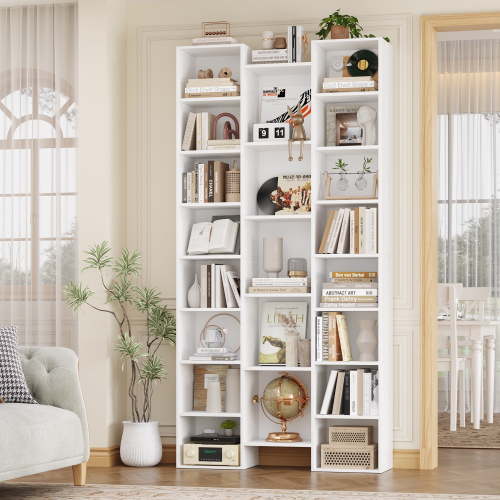 Homfa 21-Cube Bookcase, 71’’ Tall Wooden Bookshelves with Adjustable Shelves, Triple Wide CD Display Storage Organizer Shelf for Home Office, White
