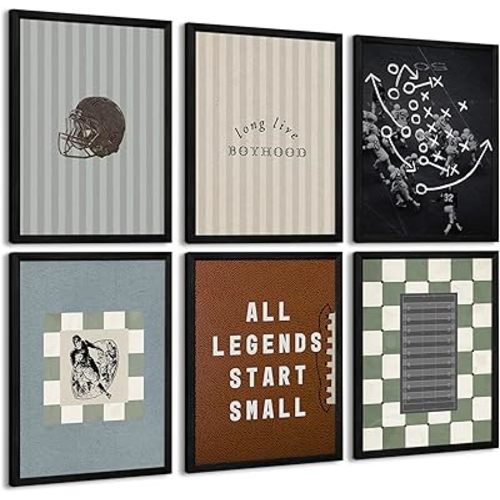 Vintage Football Nursery Wall Art Boys Room Sports Canvas Wall Decor Vintage Football Pictures Prints Boy Sports Posters Nursery Artwork Painting for Kids Toddler Bedroom 8x10 Inch Unframed Set of 6
