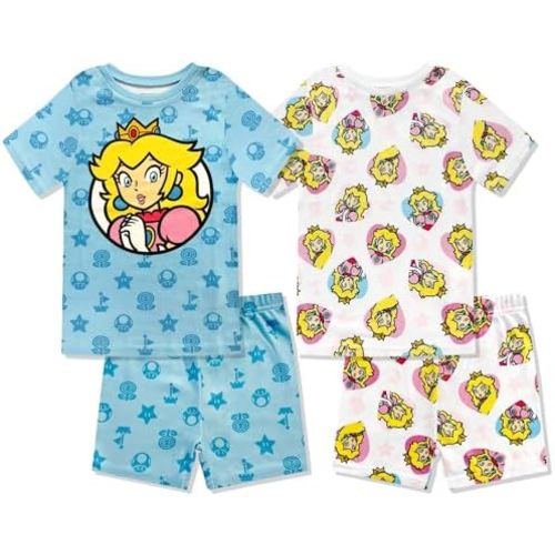 Princess Peach 4 Piece Pajama Set - Girls PJ Tight Fit Short Sleeve Shirt & Short, Soft Kids Sleepwear Set - Official License