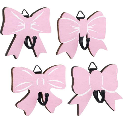4 Pcs Pink Bow Wall Hooks Kids Wooden Baby Nursery Hooks Cute Pink Bow Towel Hanger for Childs Nursery Bathroom Bedroom Home Decor