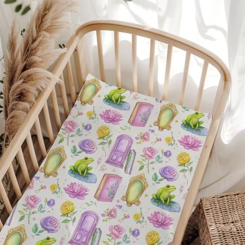 Cute Frogs Magical Books Rose Floral Baby Crib Sheets for Boy Girl 28"x52" Wildflowers Leaves Princess Mirror Baby Sheet for Standard Crib and Toddler Bed Mattress Fairytale Bed Sheet