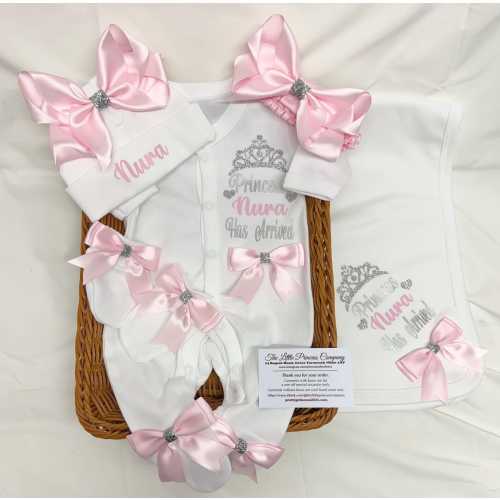 Newborn baby FULL SET is  sleepsuit hat mitts headband. EXTRAS add a Printed cotton blanket or  suitcase or teddy 2nd pic is the original