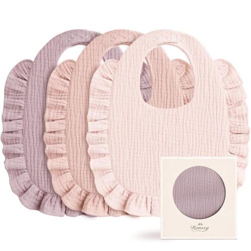 Konssy 3-Pack Muslin Baby Girl Bibs, 100% Cotton with Ruffle Trim