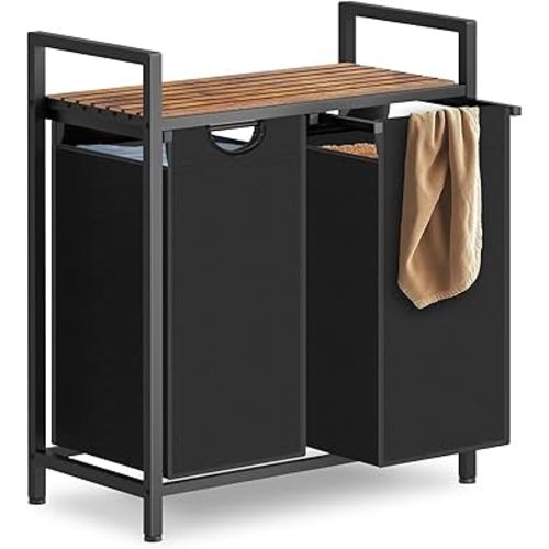 Laundry Hamper, Laundry Sorter with 2 Pull-Out Removable Oxford Fabric Bags Cloth Laundry Basket 2 x 10 Gallons (Black and Rustic Brown)