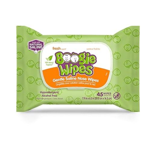 Boogie Wipes, Saline Wipes for Baby & Kids, Nose Booger Wipes for Allergy Relief, Face, Hand & Body, Made with Vitamin E, Aloe and Natural Saline, Fresh Scent, 45 Count (Pack of 2)