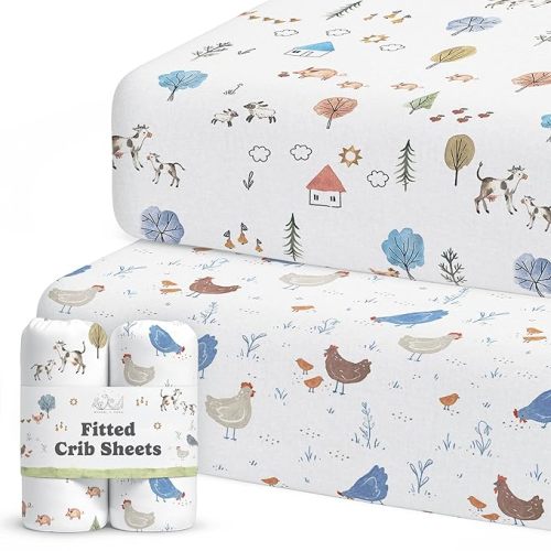 Crib Sheets Neutral - Fitted Baby Crib Sheets Bed for Girl Boy - 2 Pack Standard & Toddler Mattress (Farm Animals) - Buttery Soft Organic Cotton Blend