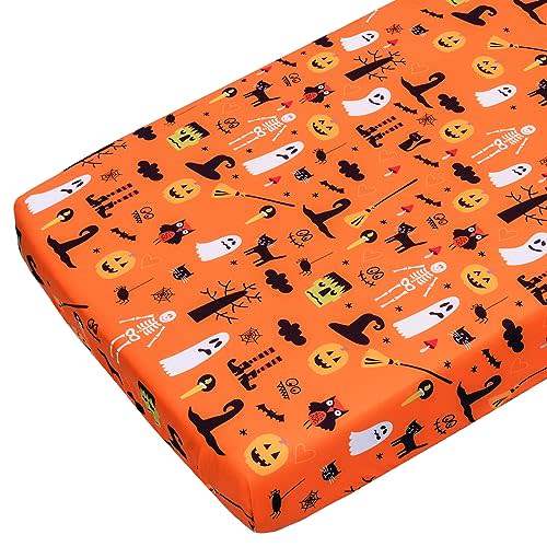 JISEN Halloween Fitted Crib Sheets for Boys Girls 52x28 Inch Ghost | Soft Breathable, Washable, Long-lasting, Neutral Design, for Standard Crib and Toddler Mattress, Baby Bed Sheets, 1 Piece