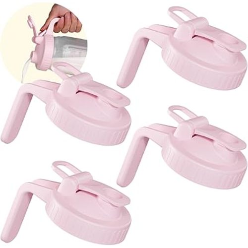 4 Pack Wide Mouth Mason Jar Lids with Leak-Proof Seal, Mason Jar Pour Spout Lid with Flip Cap and Handle, Plastic Canning Lids for Milk, Salad, Dressing, Drinking Storage Bottle, Pink