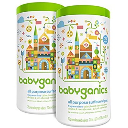 Babyganics All Purpose Surface Wipes, Fragrance Free, 150 Count (contains Two 75-count canisters)