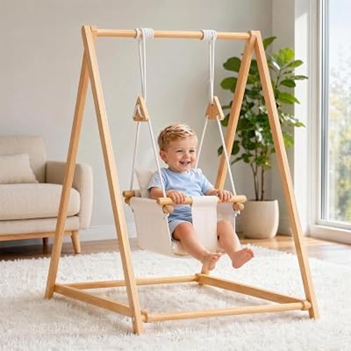 Large Baby and Toddler Wooden Swing Set with Stand and Extension Straps for Indoor/Outdoor, Indoor Baby Foldable Swing for Infants to Toddler 6m to 3 Yrs（45 * 38 * 32 inches）
