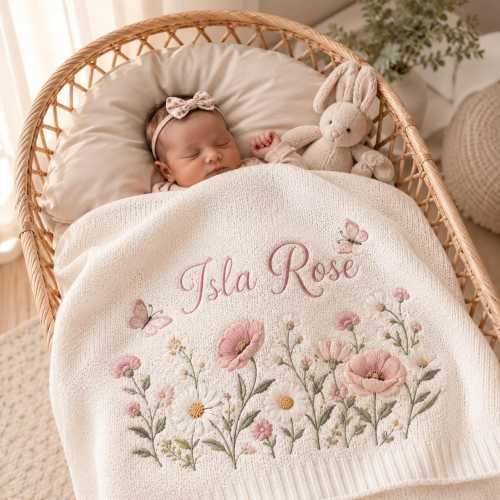 Personalized Wildflower Baby Blanket, Custom Name Embroidered Blanket, Pink Floral Butterfly Newborn Girl Gift, Baby Shower Keepsake