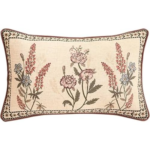 ISAENNE Design Linen Vintage Throw Pillow Covers 12"x20", Rectangle Cushion Covers with Red Purple Flowers Green Leaves Pattern Decoration Pillowcases for Bed,Living Room,Outdoor,Car