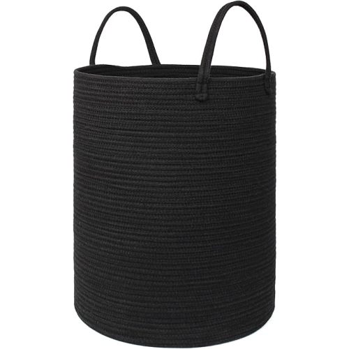 Black Woven Laundry Basket, 15"x18" Tall Basket for Blankets, Wicker Hamper for Bedroom Aesthetic, Decorative Storage Hamper for Clothes, Towel, Rope Storage Bin for Living Room, Bathroom