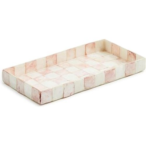 MACKENZIE-CHILDS Capiz Vanity Tray, Rectangular Tray Decor, Pink-and-White Rosy Check