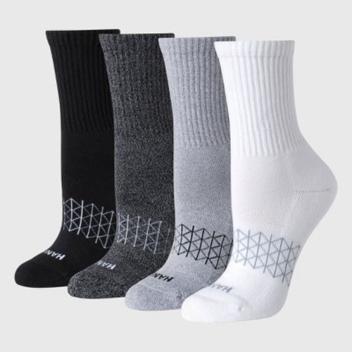 Hanes Women's Absolute Active 4pk Crew Socks - White/Gray 5-9: Cotton Blend, Arch Support, Cushioned Sole, Seamless Toe