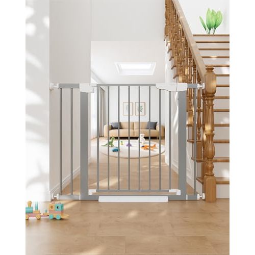 Cumbor 29.7"-40.6" Baby Gate for Stairs, Mom's Choice Awards Winner-Dog Gates for Doorways, Pressure Mounted Auto-Close Pet Gates for Dogs Indoor, Safety Child Gate with Easy Walk Thru Door, Gray