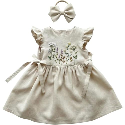 Baby Dress, Hand Embroidered Floral Linen Baby Girl Dresses 12-18 Months, Cottage Core Toddler Girl Dress, Cream Beige