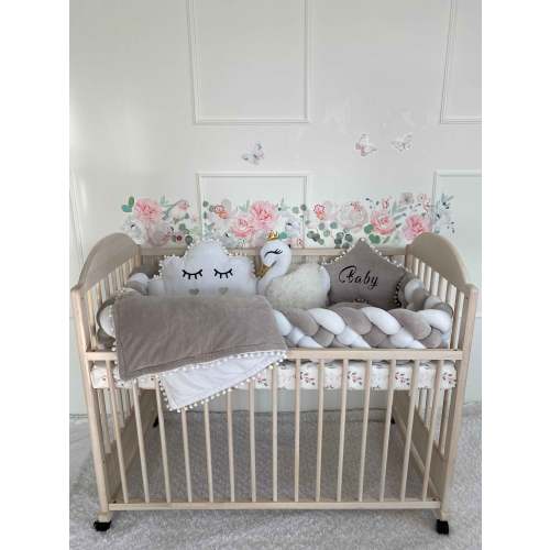 LightGray-White Braided Crib Bumper - Weaving in 4 Strips + Free Star Pillow + Optional Variants