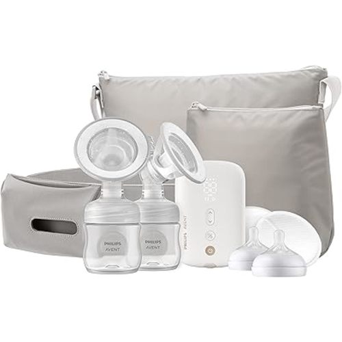 Philips AVENT Double Electric Breast Pump Advanced, with Natural Motion Technology, with Clear Natural Response Baby Bottles, White Pump, Gray Bag, Pouch, and Belt, SCF394/62