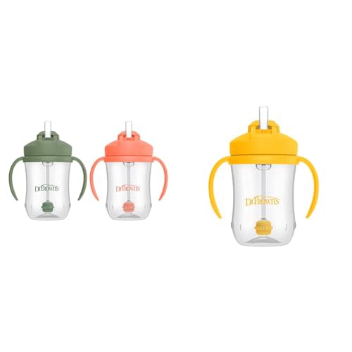 Dr. Brown's Baby's First Straw Cup Bundle, Coral & Olive Green and Vintage Yellow, Weighted Straw Sippy Cups, 2 Pack