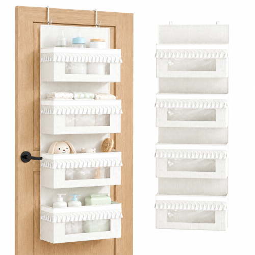 Aokeyee Over The Door Organizer, 4 Tier Boho Door Organizer Hanging with Tassels and Clear Window, 55lb Behind The Door Storage for Baby Nursery, Bedroom, Bathroom