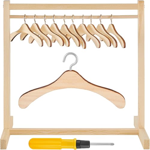 Civaner 11 Pcs Doll Garment Rack with Wooden Clothes Hanger for 18 Inch Girl Doll Clothes Mini Hangers Wardrobe Furniture Accessories for Dollhouse Baby Shower Supplies(Wood)