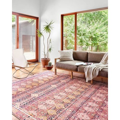 Loloi Layla Collection LAY-15 Magenta/Multi 3'-6" x 5'-6" .13" Thick Accent Rug, Soft, Durable, Vintage Inspired, Distressed, Low Pile, Non-Shedding, Easy Clean, Printed, Living Room Rug