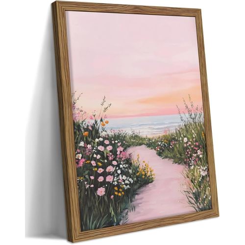 Pink Coastal Seascape Framed Canvas Wall Art – Spring Wildflower Beach Landscape Painting Print, Rustic Ocean Nature Pictures for Living Room Bedroom Nursery Office 12x16 inch
