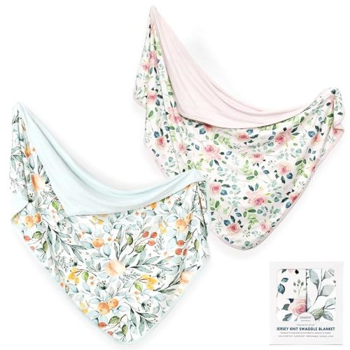 Baby Blankets Super Soft Stretchy Jersey Swaddle Blanket 2 Pack for Baby Girls, Double Layer Reversible Receiving Blankets 34 x 44, Extra Large for Swaddling, Pink Rose & Fruit