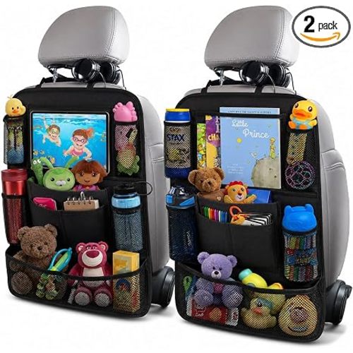 ULEEKA Car Backseat Organizer with 10" Table Holder, 9 Storage Pockets Seat Back Protectors Kick Mats for Kids Toddlers, Travel Accessories, 2 Pack