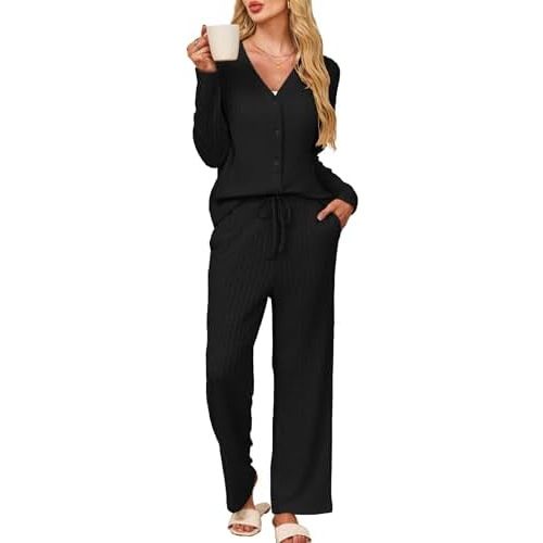 Kikibell Womens Pajamas Sets Button Down Lounge Set 2 Piece Sleepwear Loungewear Long Sleeve Pjs with Pocket Fall Outfits
