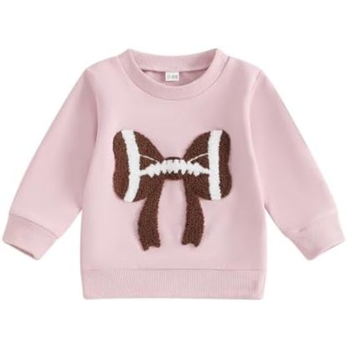 Karuedoo Toddler Baby Girl Football Outfit Football Bow Embroidery Crewneck Pullover Sweatshirt Long Sleeve Shirts Fall Tops