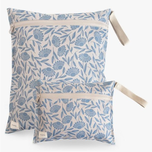 mushie Water Resistant Wet Bags | Large & Small Reusable Storage Bag for Baby Items and Travel | Zippered Pockets with Handle | Machine Washable, Set of 2 (Blue Flowers)