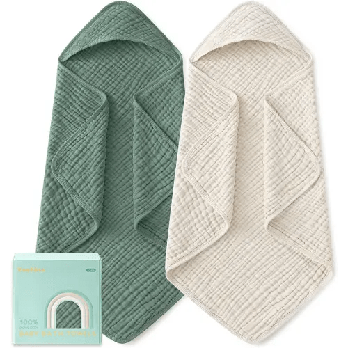 Yoofoss Hooded Baby Towels for Newborn 2 Pack 100% Muslin Organic Cotton Baby Bath Towel with Hood for Babies, Infant, Toddler and Kids, Large 32x32Inch, Soft and Absorbent Newborn Essential