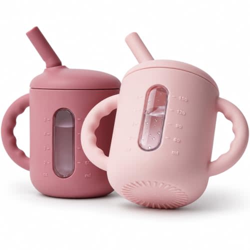 Seposeve 2 Pack Silicone Sippy Cups for Babies 6+ Months, 6 oz Straw Training Cups with Handles, Leak-Resistant Bite-to-Sip Valve, Liquid Level Window, BPA-Free, Purple Pink