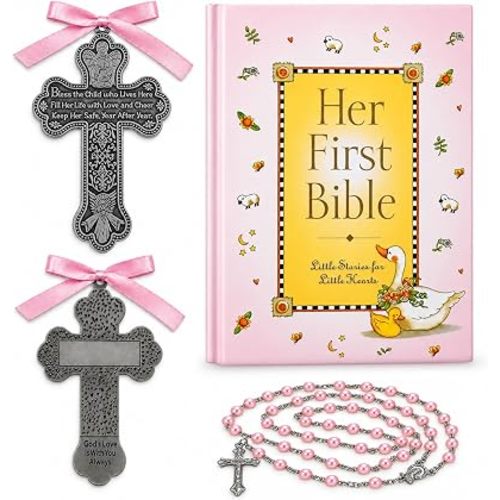 First Bible and 4" Pewter Baptism Guardian Angel Crib Cross (Original Version)