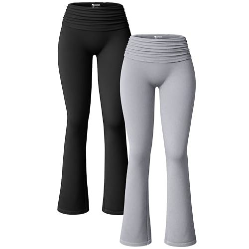 OQQ Women's 2 Piece Flared Pants Ribbed Fold Over Kick Ruched Stretch High Waist Casual Wide Leg