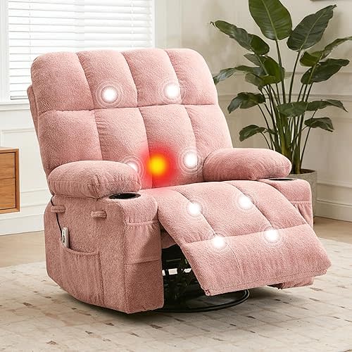 IDEALHOUSE Massage Recliner Chair with Heat, Manual Swivel Rocker Recliner with Vibration Massage, Side Pockets & Cup Holders, Rocking Reclining Sofa for Living Room, Bedroom (Pink, Linen)