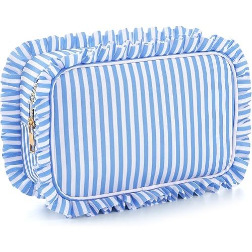 Kigeli Ruffle Makeup Bag Preppy Makeup Pouch Large Travel Cosmetic Bag Nylon Waterproof Toiletry Make up Organizer for Women(Striped,Blue,8.6 Inch)