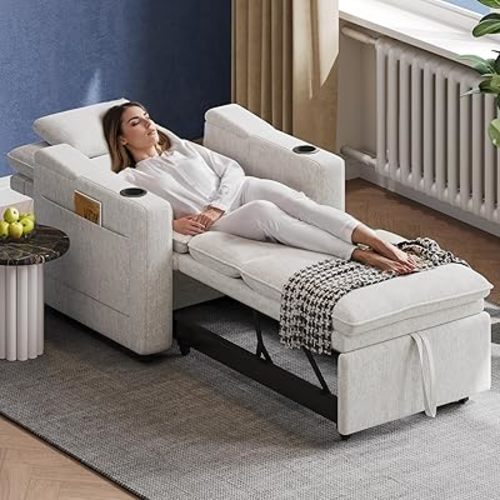 Chair Bed Sleeper for Adults, 3-in-1 Multi-Functional Sleeper Chair Bed, Adjustable Backrest Recliner, Side Pocket, USB/Type-C Ports, Cup Holders for Living Room Bedroom Apartment Small Space, Beige