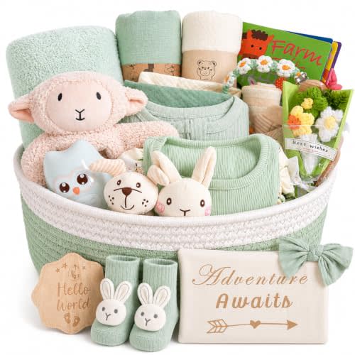 Ultimate Baby Girl Gift Basket, Woodland Sage Green Newborn Essentials, Premium All-in-One Baby Shower Gifts for Expecting Moms with Floral Skirt, Swaddle, Diaper Caddy Organizer