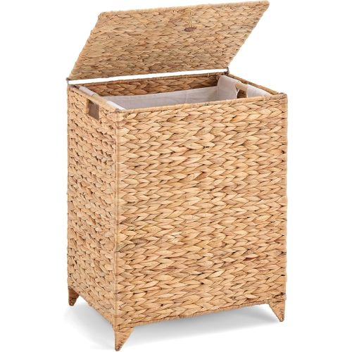 Handwoven Laundry Hamper with Lid, Natural Hyacinth Heightened Feet Laundry Basket, Wicker Clothes Hamper with Removable Liner Bag (Natural, 90L)