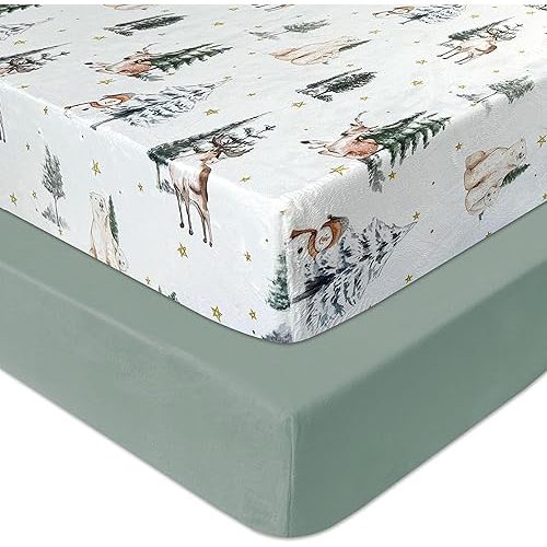AMROSE 2 Pack Microfleece Crib Sheets, 28'' X 52'' Flannel Fleece Crib Fitted Sheets for Crib and Toddler Mattress Pad, Soft Comfy Warm Crib Sheets for Boys Girls, Winter Woodland
