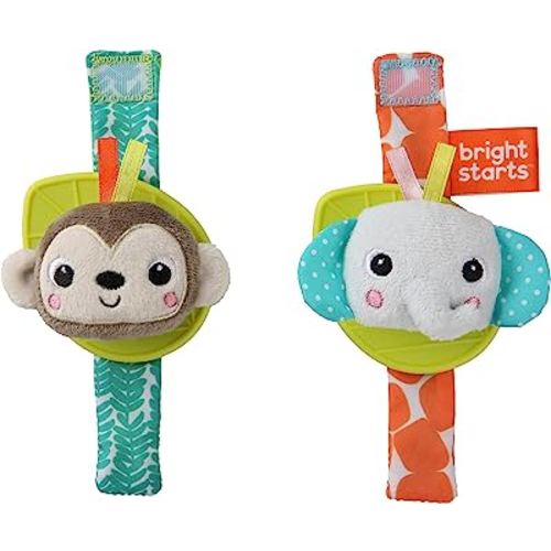 Bright Starts Rattle & Teethe Wrist Pals Toy - Monkey & Elephant, Newborn +