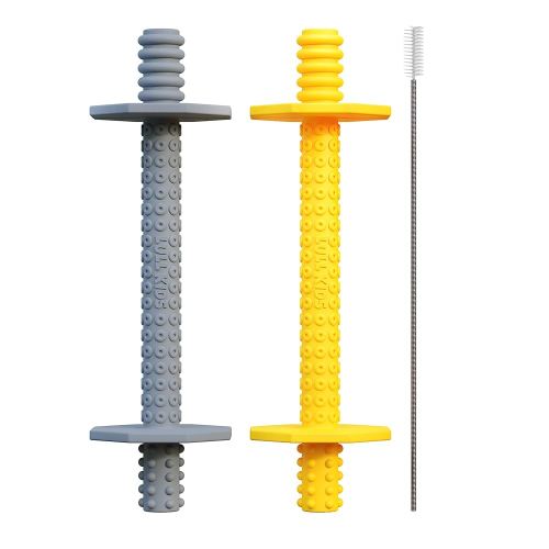 Silicone Baby Teethers 0-6 Months, Textured Baby Teething Toys 3-6 Months, Toddler Molar Teething Relief Sticks, Freezable Chew Straws for Babies 6-12 Month Girl Boy Infant (Yellow/Gray)