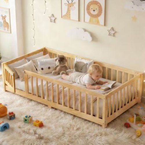 Bellemave Twin Kids Wood Floor Bed Frame with Safety Guardrails & Removable Door, Montessori Toddler Floor Bed, natural