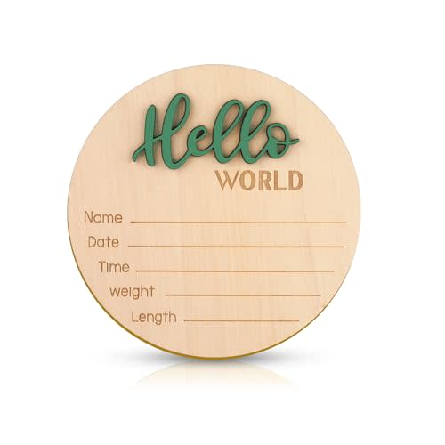 Baby Announcement Sign, 5.9 Inch Wooden Hello World Newborn Welcome Sign Birth Baby Name Plaques for Photo Props Baby Shower Hospital Nursery(Green)