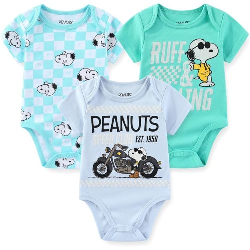 Peanuts Snoopy Baby Boys 3 Pack Bodysuit Creeper for Newborn and Infant